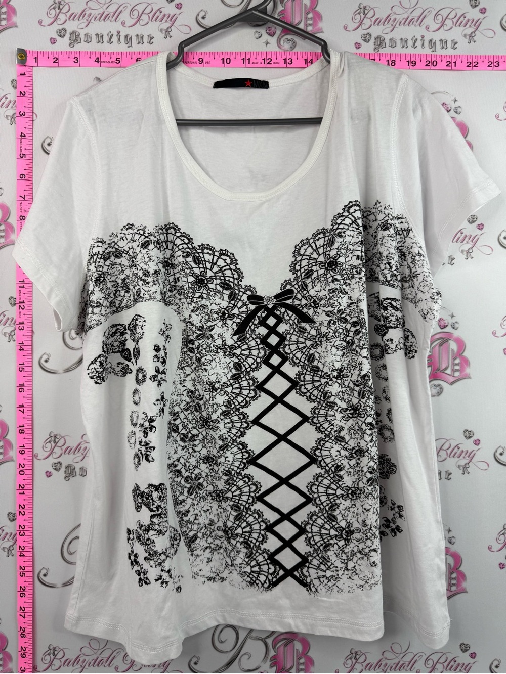 MXM tshirt corset bustier lace up White Short Sleeve Tee with Black Lace Print